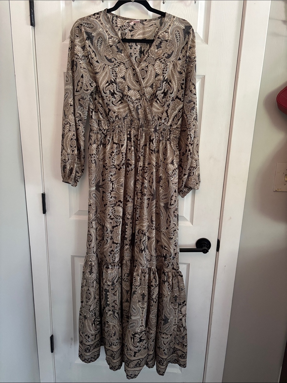 Paisley V-Neck Long Sleeve Maxi Dress in Neutral Tones